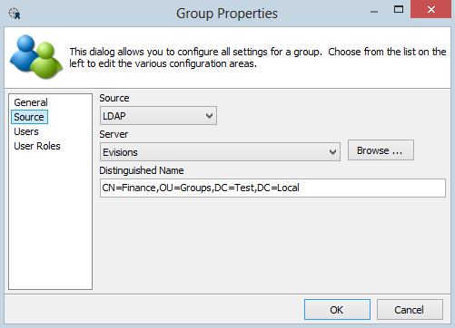 This image shows the Group Properties dialog with the Source option selected.